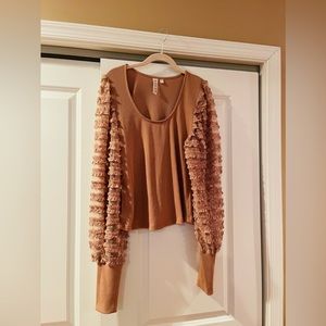 Dolan (Anthropologie) Ruffle Sleeve with Floral Appliqué Scoop Neck Top